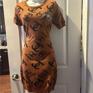 Chanel Tan Logo Knit Mini Dress